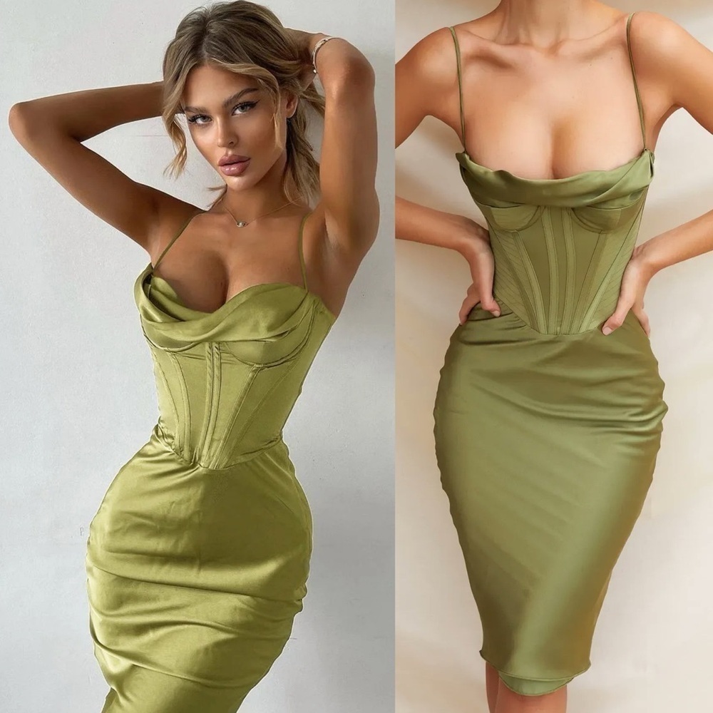 NEW! House of CB- Myrna Olive Cowl Neck Corset Green Midi Dress Size Small